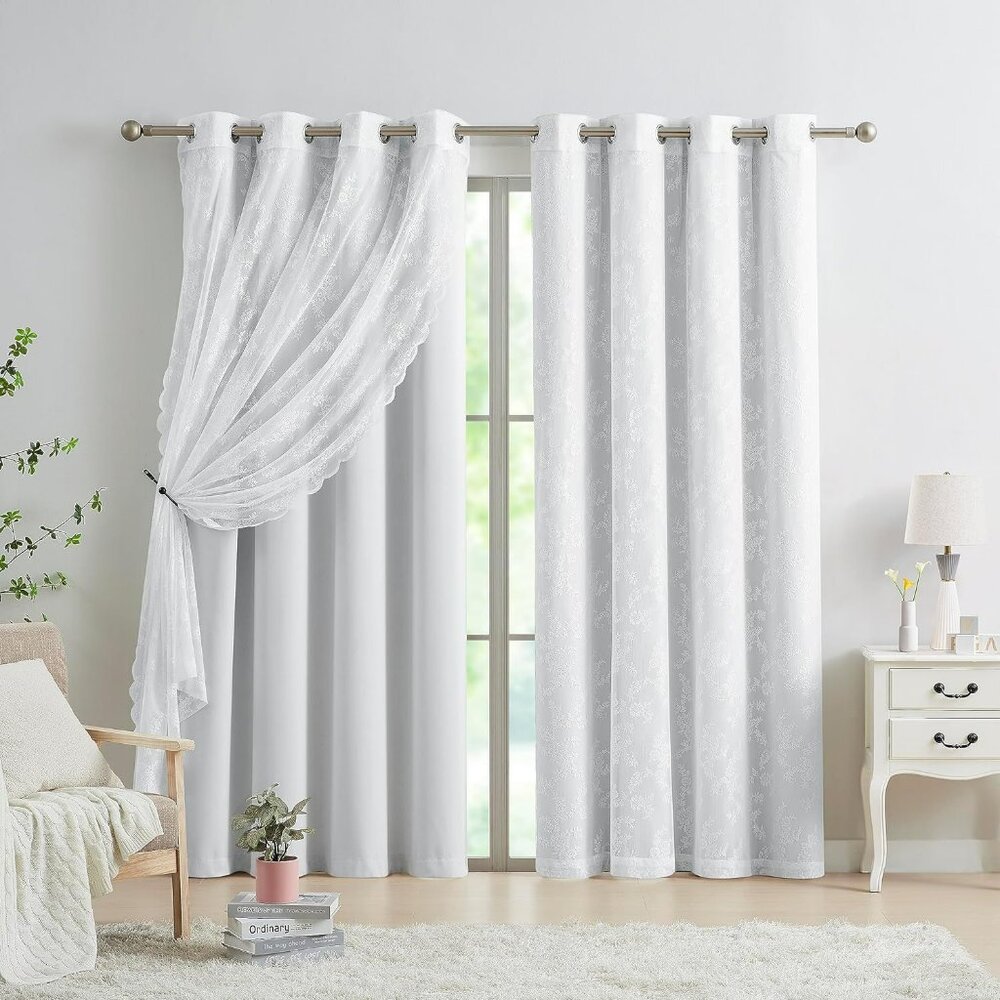 Blackout Curtain Room Darkening Window Curtain 2 White 2 Rose Floral White 52X63